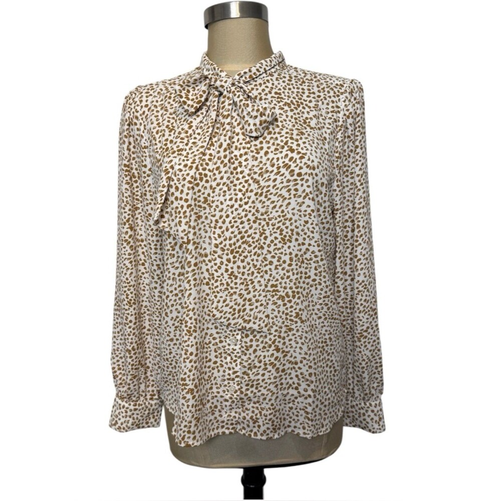 J.Crew Leopard Print Tie Neck Blouse Top Long Sleeve Cream Brown M